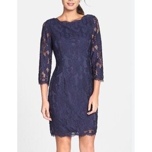Adrianna Papell Navy Lace Sheath Dress classic elegant lparty festive boho 10